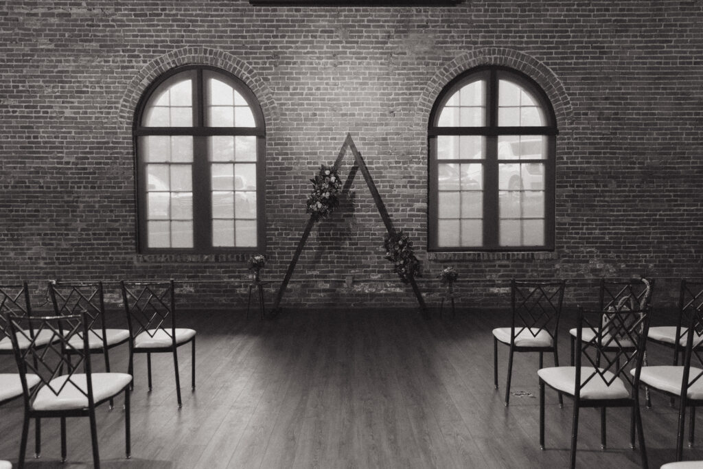 Black and white photo of the ceremony space at The L in downtown Greenville, SC.