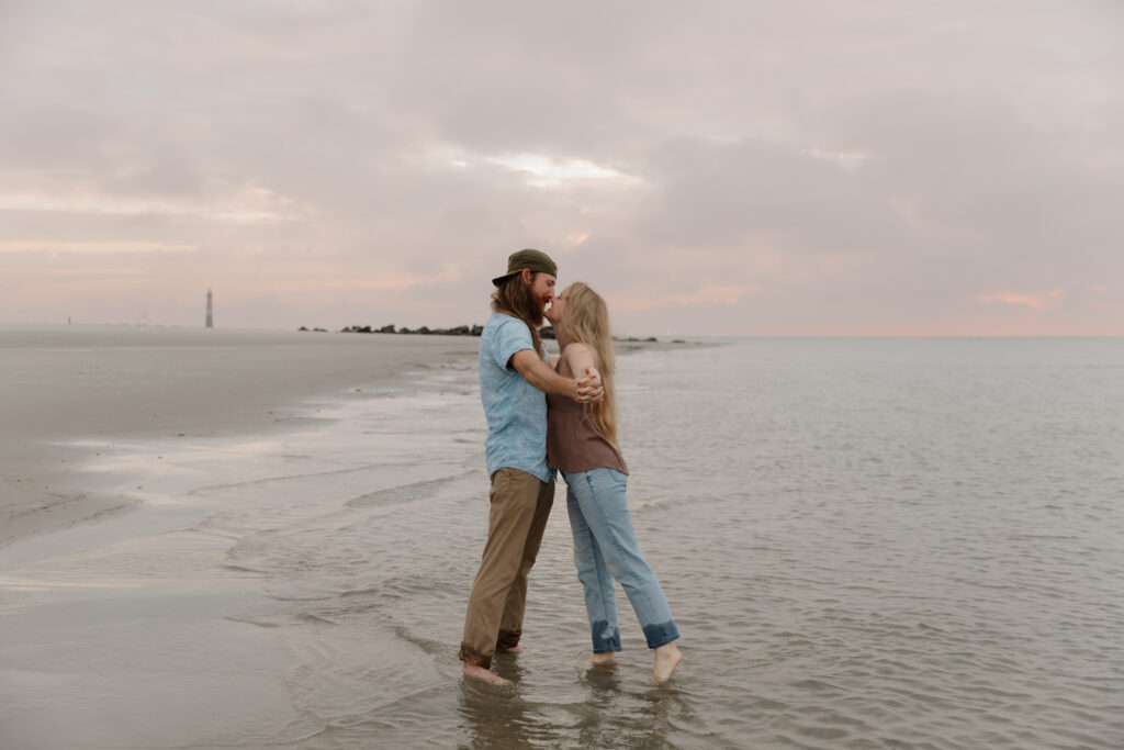 Sunrise engagement session at Folly Beach in South Carolina.