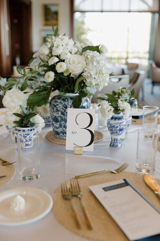 Blue, white, and hydrangeas accenting the reception at a wedding at The Golf Club at Briar's Creek on Johns Island, SC.