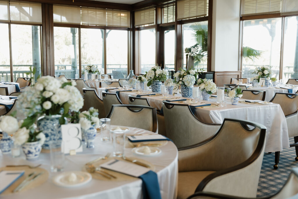 Blue, white, and hydrangeas accenting the reception at a wedding at The Golf Club at Briar's Creek on Johns Island, SC.