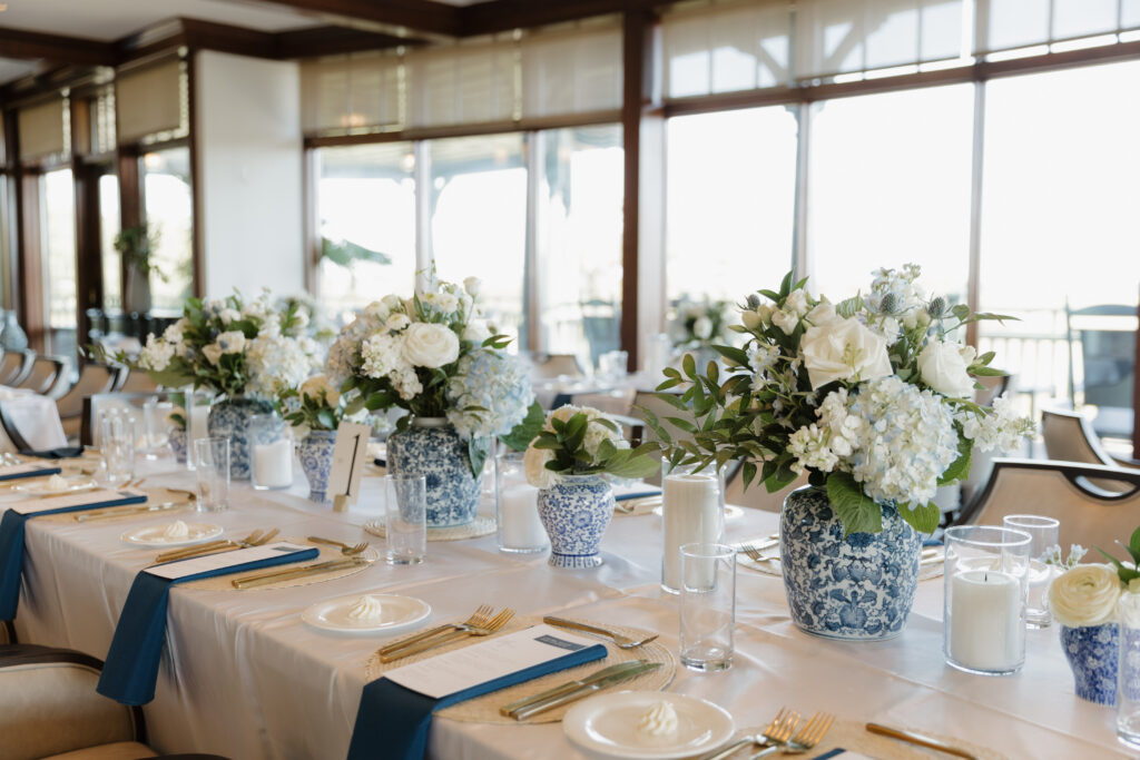 Blue, white, and hydrangeas accenting the reception at a wedding at The Golf Club at Briar's Creek on Johns Island, SC.