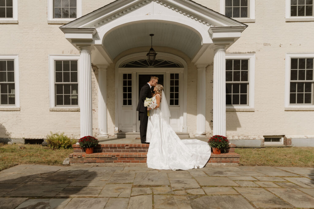 Bride and groom during their fall wedding at Milliken Manor in Southern New Hampshire.