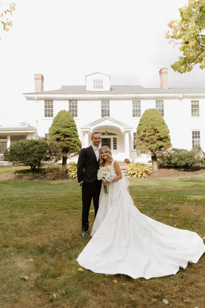 Bride and groom during their fall wedding at Milliken Manor in Southern New Hampshire.